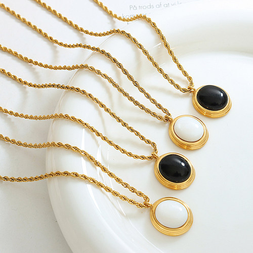 1 Piece French Style Oval Stainless Steel Plating Inlay Artificial Pearls Glass Stone Pendant Necklace