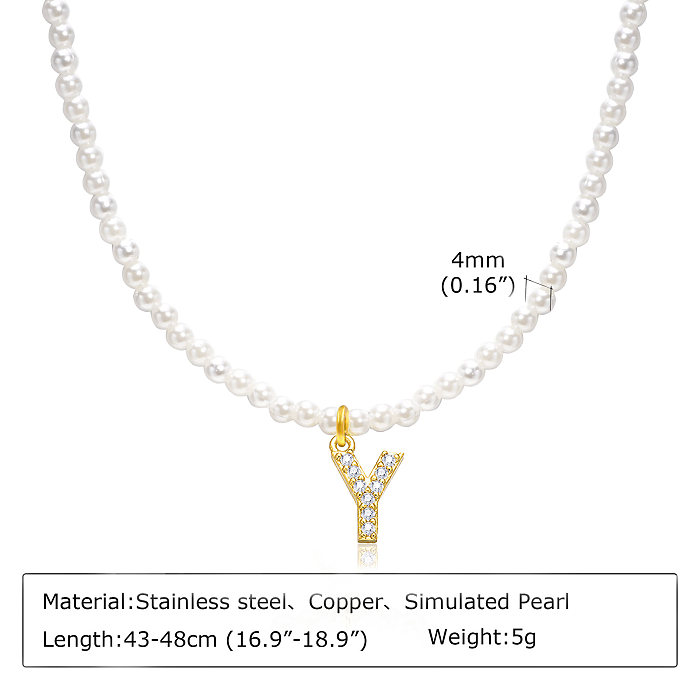 IG Style Style baroque Lettre de style français en acier inoxydable Placage de perles artificielles Incrustation de zircon Collier pendentif plaqué or 18 carats