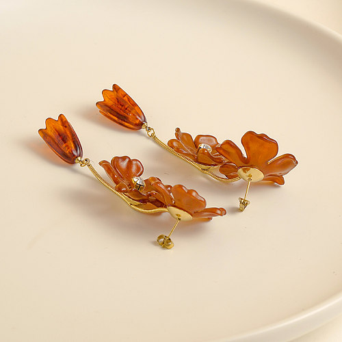 Boucles d'oreilles pendantes en acier inoxydable, 1 paire, Style Simple et doux, incrustation de placage de fleurs, Zircon plaqué or