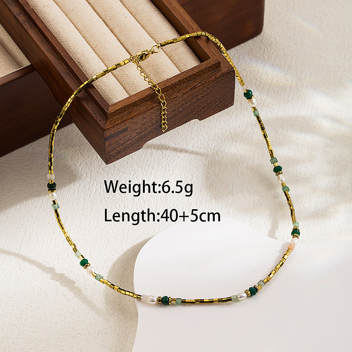 Vintage Style Sweet Color Block Stainless Steel  Beaded Plating Gold Plated Necklace