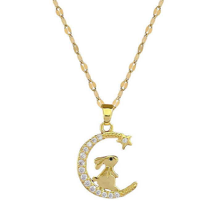 Fashion Rabbit Star Moon Stainless Steel  Copper Inlay Rhinestones Pendant Necklace