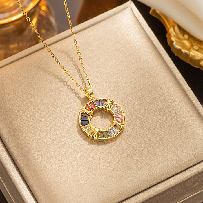 Simple Style Shiny Circle Stainless Steel Plating Inlay Zircon 18K Gold Plated Pendant Necklace
