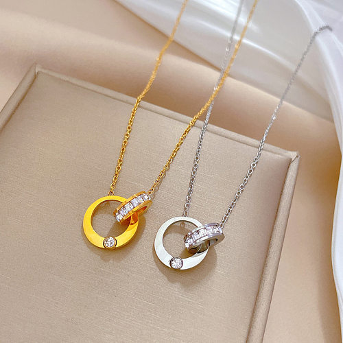 Simple Style Round Stainless Steel Plating Inlay Artificial Diamond Pendant Necklace