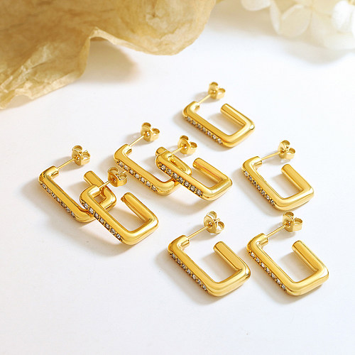Wholesale 1 Pair Shiny Square Stainless Steel 18K Gold Plated Zircon Ear Studs