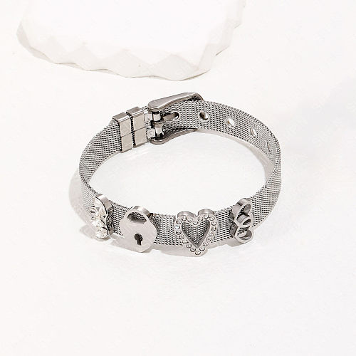 Luxuoso formato de coração com bloqueio de retalhos de aço inoxidável, pulseira de diamante artificial, 1 peça