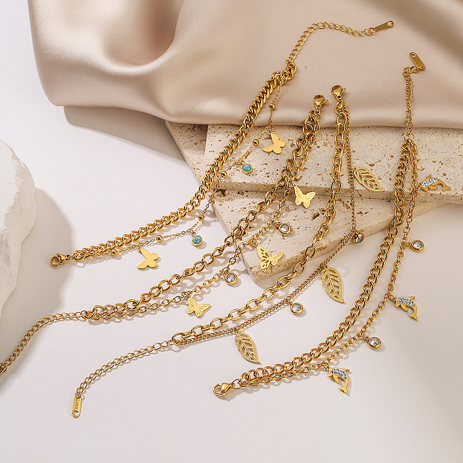 Bracelets plaqués or 18 carats avec incrustation en acier et titane, style simple, feuilles de trajet, dauphin et papillon, Zircon Turquoise