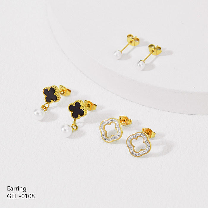 3 Pairs Simple Style Four Leaf Clover Flower Plating Hollow Out Inlay Stainless Steel  Rhinestones Shell Gold Plated Earrings