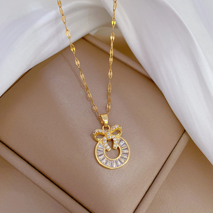 Casual Circle Bow Knot Stainless Steel Copper Plating Hollow Out Inlay Zircon Pendant Necklace