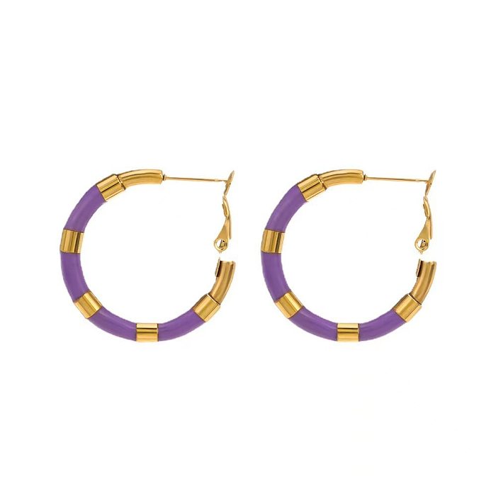 1 Pair Elegant Round Enamel Plating Stainless Steel 18K Gold Plated Hoop Earrings