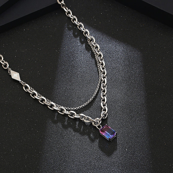 Collier Long avec pendentif rectangulaire en acier inoxydable, Style Simple et décontracté, incrustation de chaîne, pierres précieuses