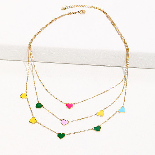 Schlichter Stil, mehrlagige Halsketten aus Edelstahl in Herzform, Emaille-Edelstahl-Halsketten, 1 Stück
