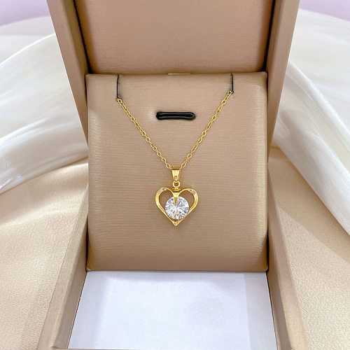 Sweet Simple Style Heart Shape Stainless Steel  Copper Inlay Zircon Pendant Necklace