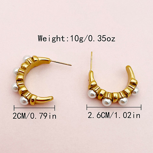 1 paire de clous d'oreilles plaqués or, Style Simple et décontracté, incrustation en forme de C, en acier inoxydable, perle
