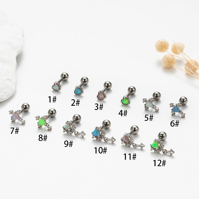 Clous d'oreilles plaqués or 1 carats, 18 pièce, Style coréen Simple, incrustation en forme de cœur croisé, opale en acier inoxydable