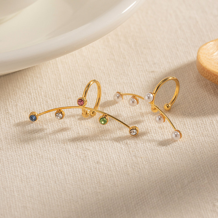 1 paire de clips d'oreille plaqués or 18 carats, incrustation ronde de Style Simple, strass en acier inoxydable