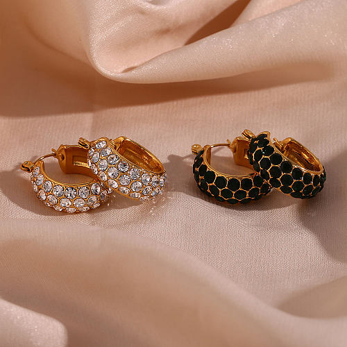 Shiny Round Stainless Steel  Plating Inlay Rhinestones 18K Gold Plated Women'S Hoop Earrings