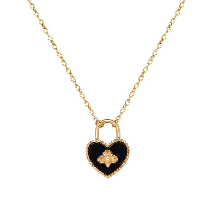 Cadena de clavícula con collar de oro de 18 quilates chapado en acero inoxidable negro con candado de corazón de abeja