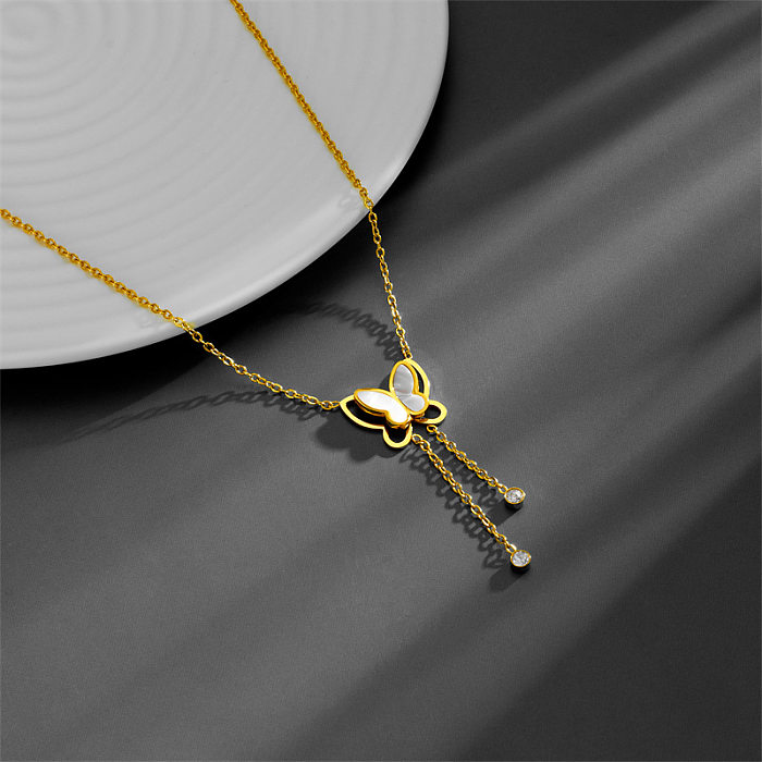 Elegant Butterfly Stainless Steel Inlay Shell Pendant Necklace