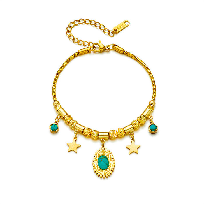 Bracelets ronds en titane et acier avec incrustation de pentagramme de style vintage, plaqués or 18 carats turquoise