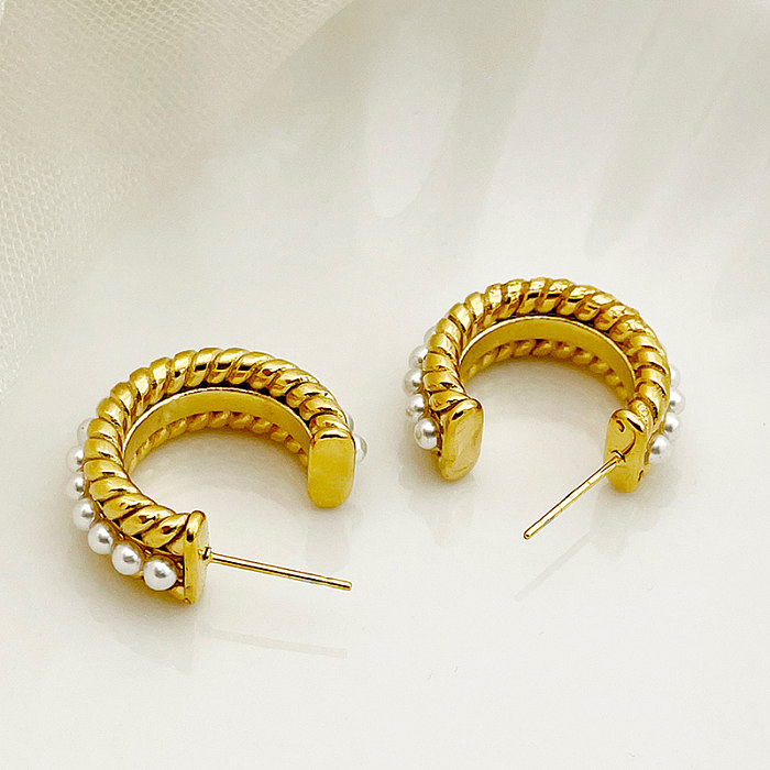 1 paire de clous d'oreilles plaqués or, Style Vintage élégant, luxueux, en forme de C, incrustation de placage de polissage, perles artificielles en acier inoxydable