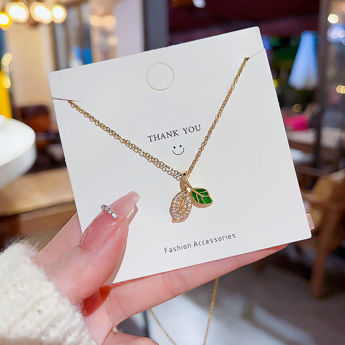 IG Style Leaf Stainless Steel Plating Inlay Zircon Gold Plated Pendant Necklace