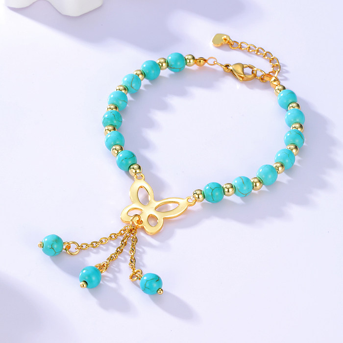 Fashion Simple Steel Electroplated 18K Golden Butterfly Hollow Pendant Turquoise Bracelet