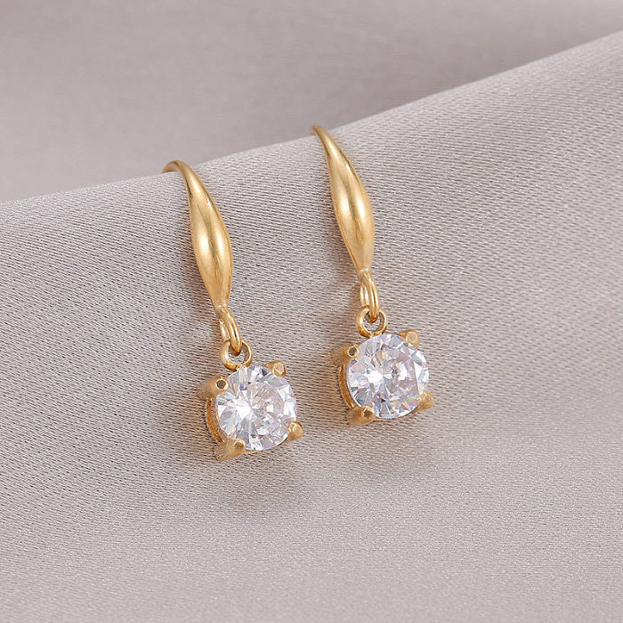 1 Pair Simple Style Round Plating Inlay Stainless Steel  Zircon 14K Gold Plated Drop Earrings
