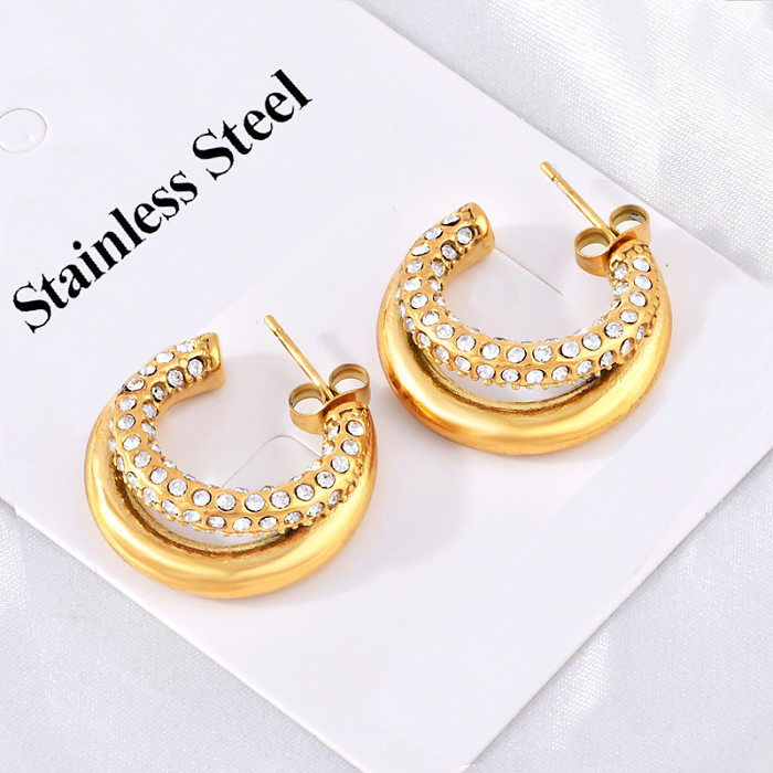 1 Pair Simple Style C Shape Plating Inlay Stainless Steel Artificial Diamond Ear Studs