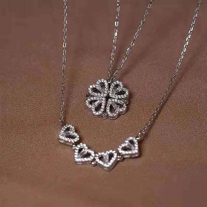 Simple Style Four Leaf Clover Heart Shape Stainless Steel Hollow Out Inlay Rhinestones Necklace 1 Piece