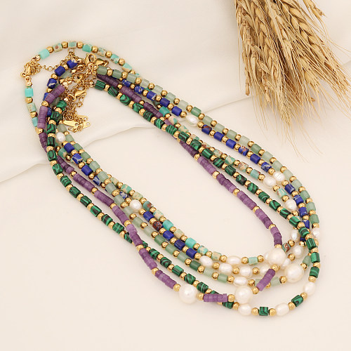 Mode geometrische Edelstahl Perlen Perle handgemachte Patchwork Naturstein Halskette 1 Stück
