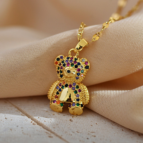 Cute Simple Style Bear Stainless Steel Copper Plating Inlay Zircon Gold Plated Pendant Necklace