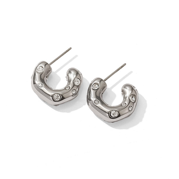 Simple Style C Shape Stainless Steel  Inlaid Zircon Hoop Earrings 1 Pair