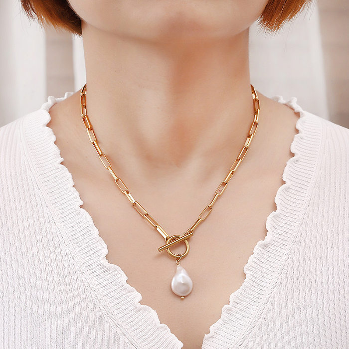 Collier avec pendentif en forme de gouttelettes d'eau pour femme, en acier inoxydable, plaqué perles d'eau douce