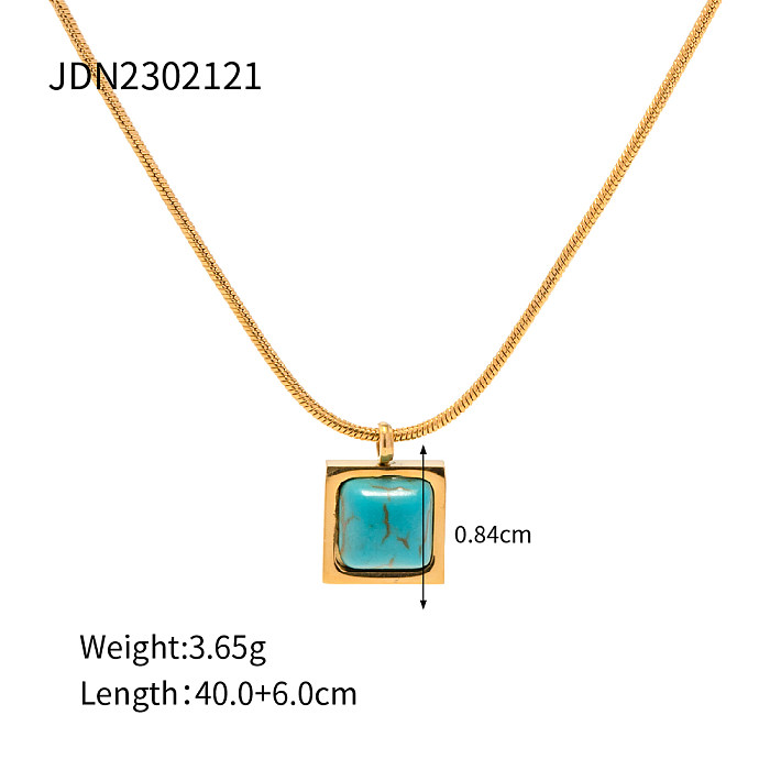 Collier pendentif élégant carré en acier inoxydable avec incrustation turquoise plaqué or 18 carats