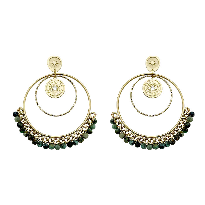 1 Paar klassische Kreis-Teufelsauge-Ohrringe aus Edelstahl mit Naturstein-Strasssteinen, 14 Karat vergoldet