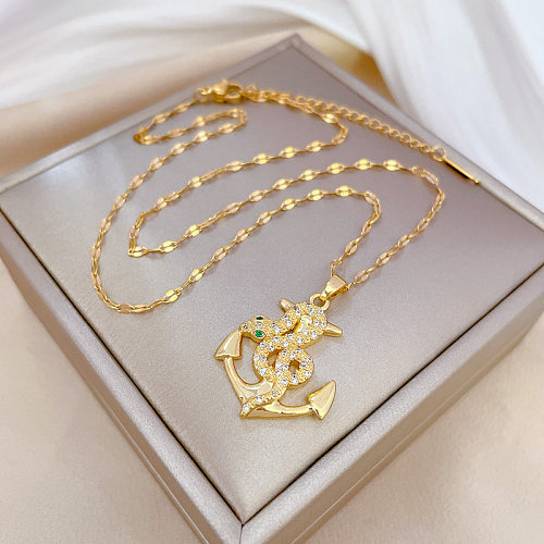 Casual Cool Style Anchor Snake Stainless Steel Copper Plating Inlay Zircon Pendant Necklace