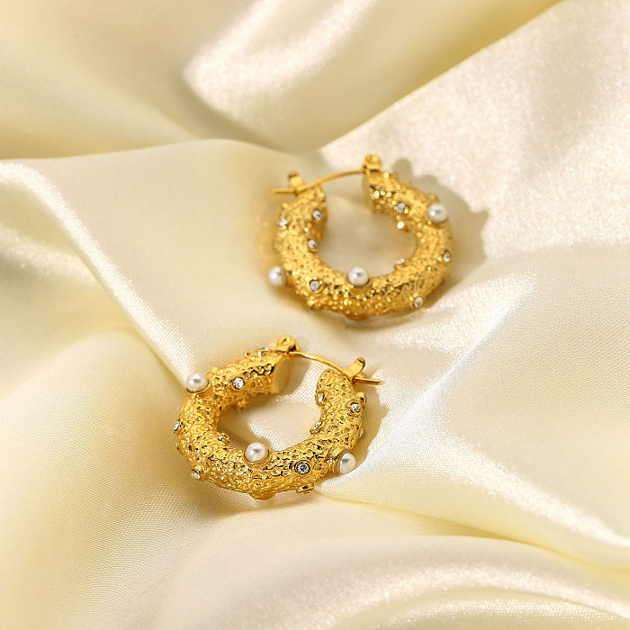 أزياء اللؤلؤ هوب أقراط 18K الذهب الفولاذ المقاوم للصدأ والمجوهرات المطرقة أقراط زركونيا مكعب