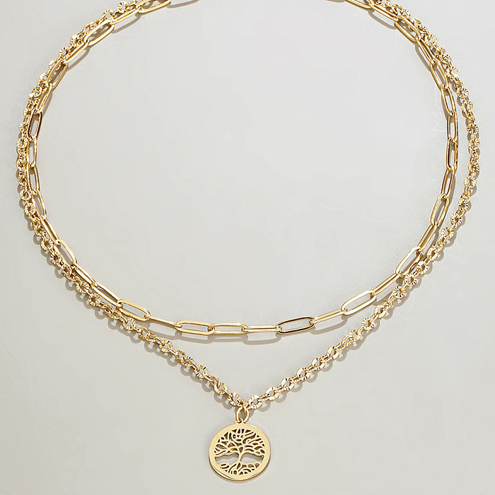 Mehrschichtige Halsketten aus Edelstahl im Vintage-Stil mit Baum-Motiv, ausgehöhlte Edelstahl-Halsketten, 1 Stück