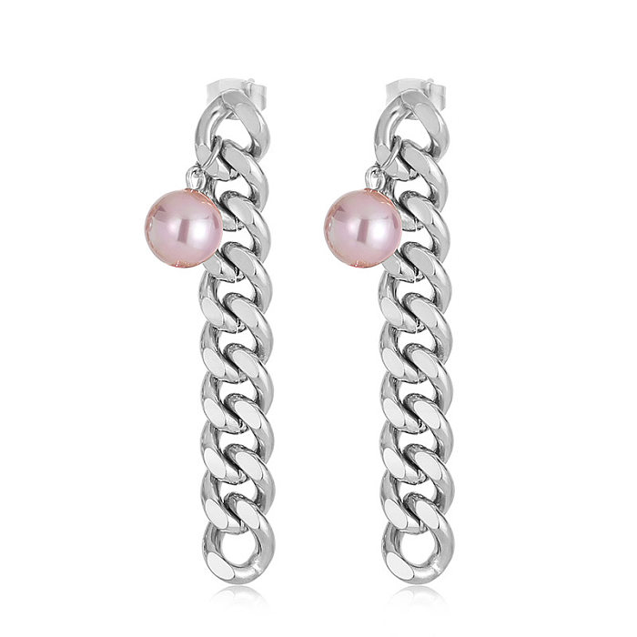 New Fashion Women's Simple Chain Long Hanging Pearl Multicolor Earrings Stainless Steel