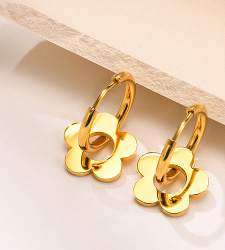 Pendientes colgantes chapados en oro de acero inoxidable con forma de flor a la moda, 1 par