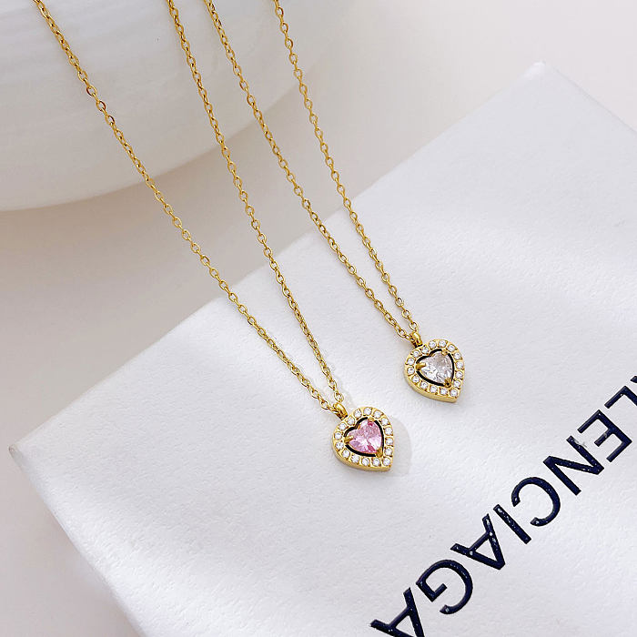 Simple Style Heart Shape Stainless Steel  White Gold Plated Gold Plated Zircon Pendant Necklace In Bulk