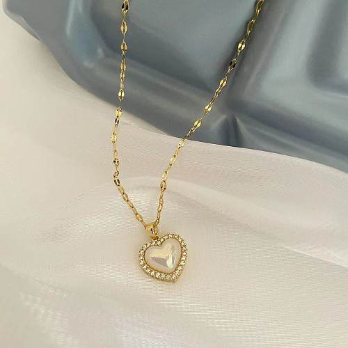 Sweet Heart Shape Stainless Steel Plating Inlay Artificial Gemstones 18K Gold Plated Pendant Necklace