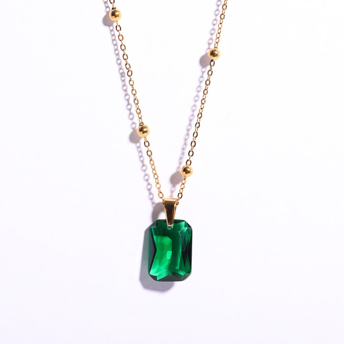 Fashion Retro Emerald Inlaid Zircon Pendant Natural Stone Stainless Steel  Necklace