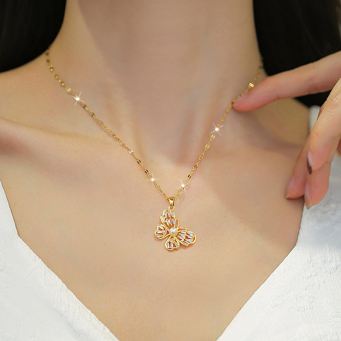 IG Style Korean Style Butterfly Stainless Steel  Copper Plating Inlay Artificial Pearls Zircon Pendant Necklace
