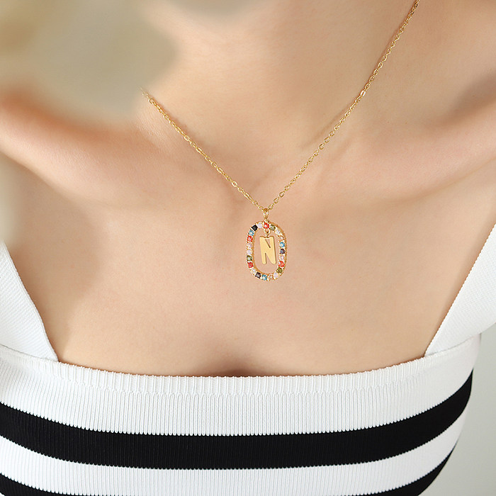 INS Style Letter Oval Stainless Steel Inlay Zircon Necklace 1 Piece