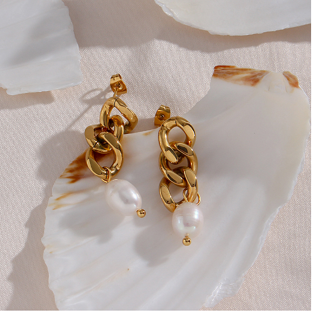 1 Pair Simple Style Classic Style Solid Color Plating Stainless Steel  Freshwater Pearl Gold Plated Drop Earrings