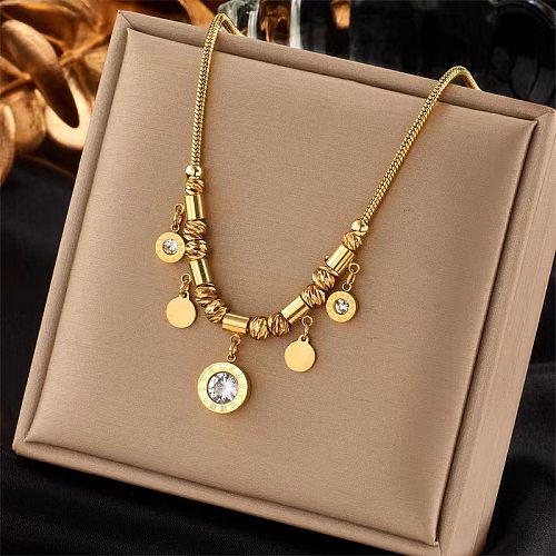 Punk Roman Style Round Stainless Steel Plating Inlay Artificial Rhinestones 18K Gold Plated Pendant Necklace