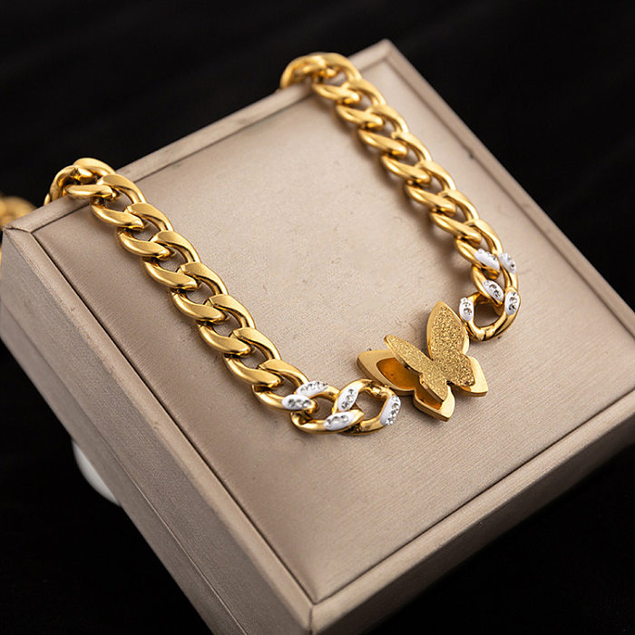 Mode-Schmetterlings-Halskette mit Edelstahl-Beschichtung und Inlay-Zirkon-Halskette, 1 Stück