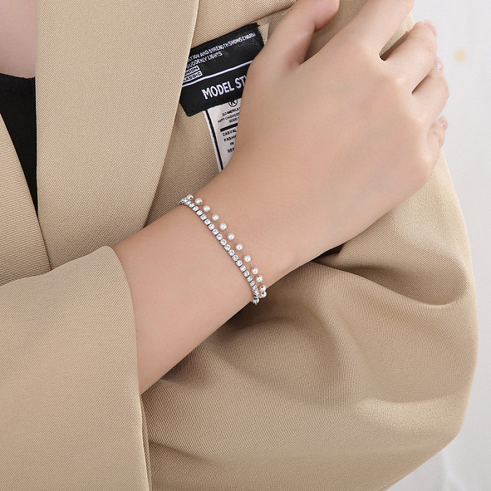 Bracelets Mode Géométrique Acier Titane Plaqué Or Perles Artificielles Zircon 1 Pièce