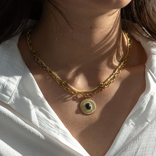 Luxuriöse runde Edelstahl-Perlenbeschichtung mit künstlichen Edelsteinen, 18 Karat vergoldete Doppelschicht-Halsketten